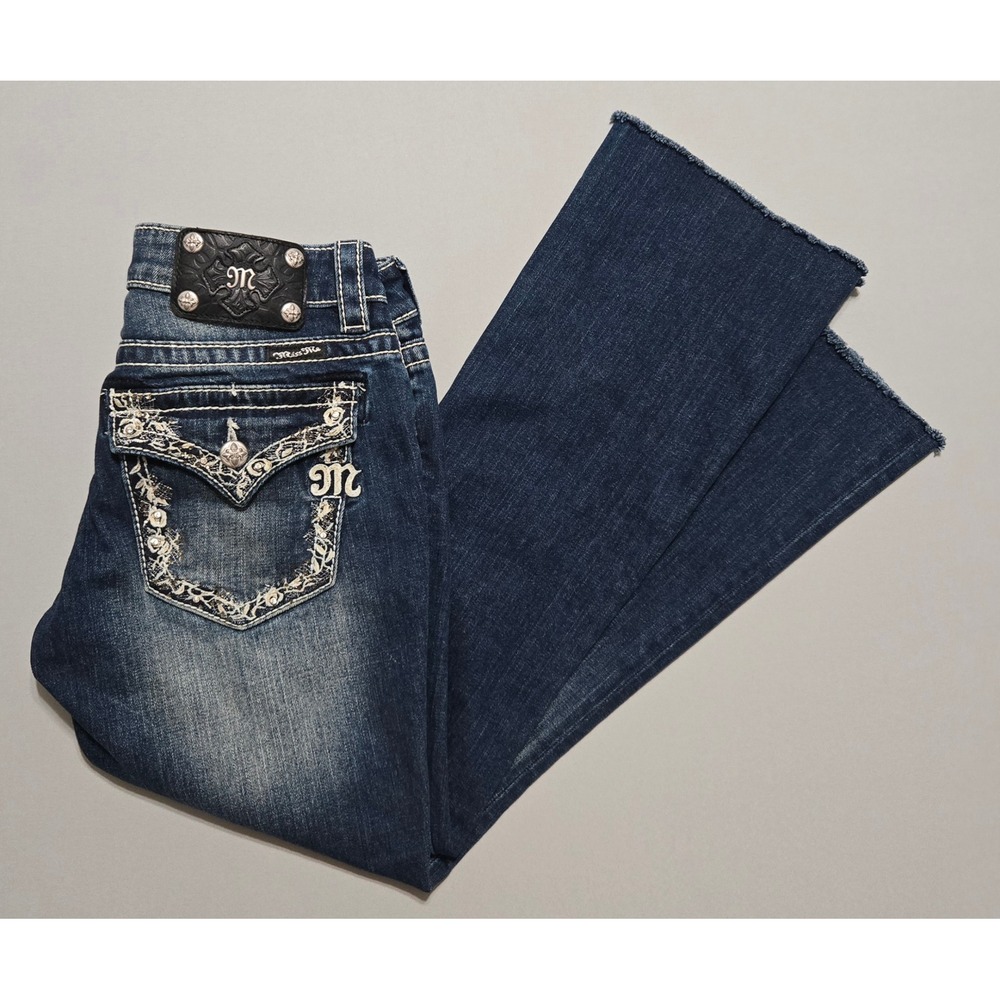 Miss Me Bootcut Jeans 28 Women Dark Embroidered Rhinestones Thick Stitch Raw Hem